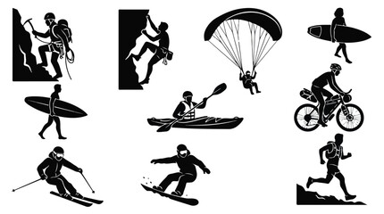 Extreme Sports Icons Set: Mountaineering, Surfing, Kayaking, Paragliding, Mountain Biking, Skiing, Snowboarding, Running, Vector Graphics for Adventure and Fitness © Sidra