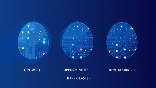 Circuit board egg shapes with glowing lines a vector illustration on a dark blue background for easter