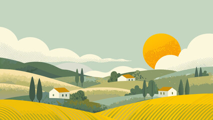 Rolling hills landscape illustration with houses and a textured sun featuring a muted color palette countryside rural © MINA