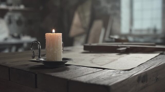 Burning candle on a rustic wooden table next to a flying machine blueprint and a large wooden drafting compass inside a medieval workshop