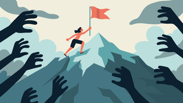 Person Climbing Mountain With Reaching Hands And Red Flag A Vector Illustration achievement ambition ascent challenge competition