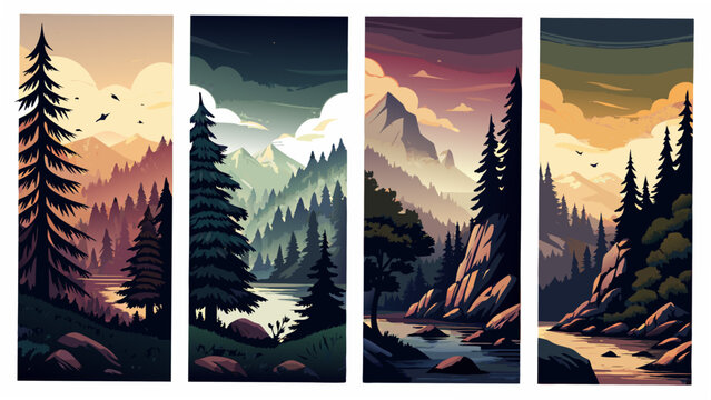 Scenic Mountain Landscapes In Four Vertical Panels A Vector Illustration With Varied Color Palettes range mountainous terrain