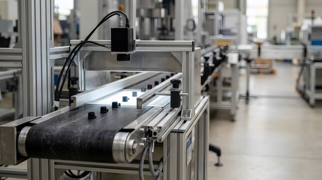 automated machine vision inspection conveyor system performing precision quality control inside advanced manufacturing facility with copy space for industrial branding