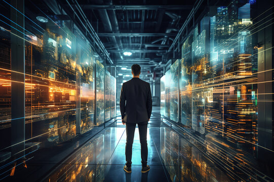Tech guru in futuristic data center, streamlining operations with cloud computing and SAAS