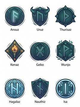 Collection of Norse Runes with names Ansuz Uruz Thurisaz Kenaz Gebo Wunjo Hagalaz Nauthiz Isa