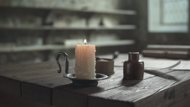 Burning candle standing on a wooden table next to a ceramic inkwell, a wooden pounce pot with a small spoon and a handwritten manuscript page, inside a dim medieval scriptorium