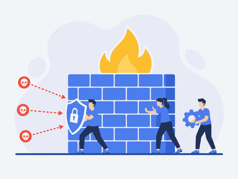 Cybersecurity Illustration Concept, Blocking Unauthorized Access and Defending Systems From Digital Attacks, Oversized Firewall Wall With IT Team Resisting Incoming Threats, Flat Vector Illustration