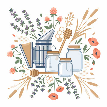 Honey bee keeping apiary equipment flowers.