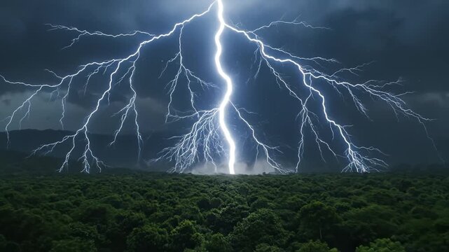 Massive Forked Lightning Striking Dense Forest at Night, Aerial View