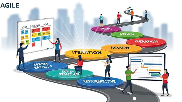 Agile workflow illustration of project management with business people