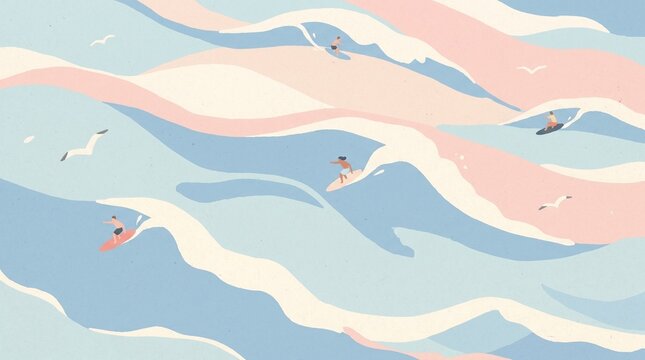 Dynamic illustration of surfers riding continuous long waves in the summer ocean