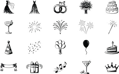 Naklejka premium Black and white birthday celebration icons