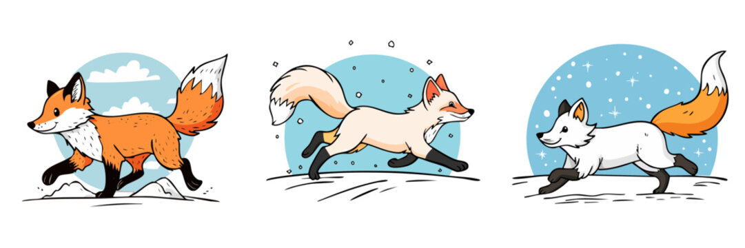 Cute set of cartoon foxes in various colors running across winter backgrounds