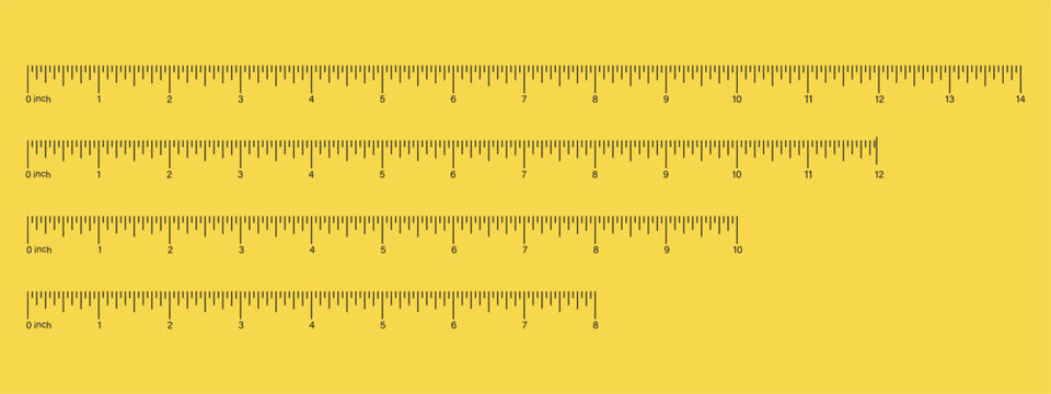 Measuring chart 8, 10, 12, 14 inches set. Ruler scales eight, ten, twelve, fourteen inch. Sewing tool icon. Length measurement math, distance, height templates