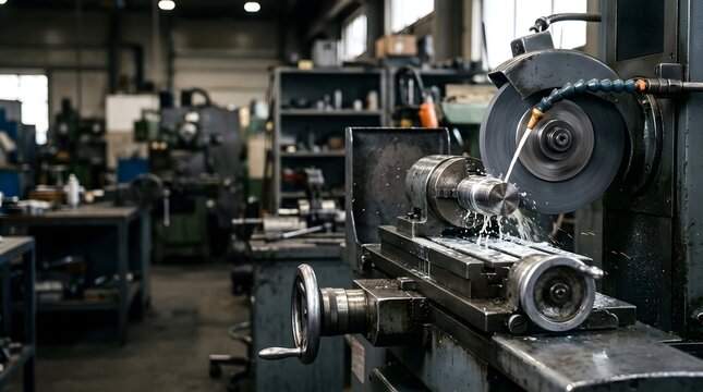 industrial precision surface grinding machine finishing metal shaft inside advanced machining workshop with copy space for manufacturing engineering promotion