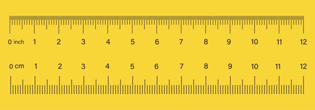 Ruler scales 1to 10, 12 centimeters, inches markup, numbers. Measuring sticks. Distance, height, length measurement, sewing tool black mockup. Measuring chart, metric, imperial units icon template