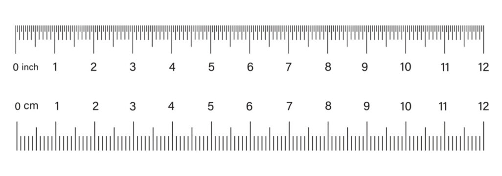 Ruler scales 1to 10, 12 centimeters, inches markup, numbers. Measuring sticks. Distance, height, length measurement, sewing tool black mockup. Measuring chart, metric, imperial units icon template