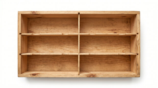 Top view of empty wooden drawer box with compartments on white background