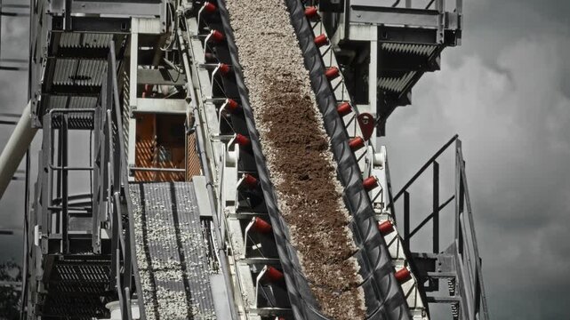 Inclined conveyor transporting coarse aggregate and crushed rock into concrete plant hopper beside red metal framework and industrial stairs under cloudy daylight