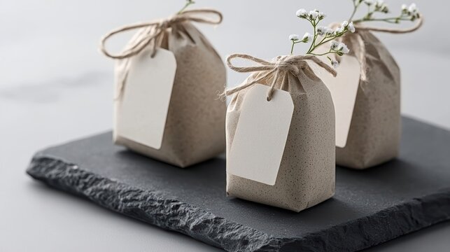 Rustic kraft paper gift bags with white tags and delicate flowers on a dark slate plate
