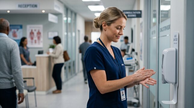 healthcare worker sanitizing hands medical clinic patient safety hygiene
