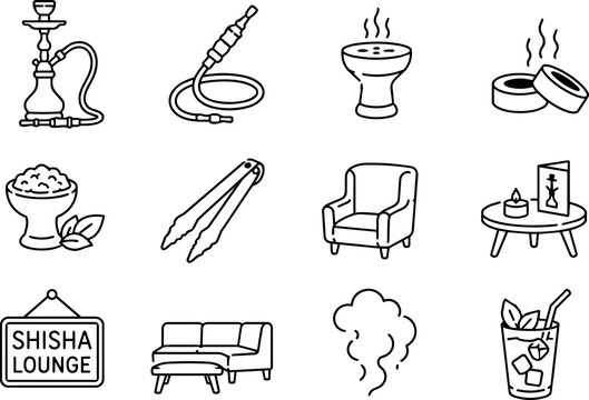 Shisha Lounge Line Art Icon Set with Hookah, Smoking Accessories and Lounge Symbols