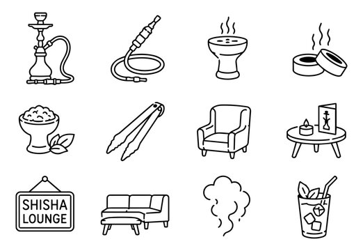 Shisha Lounge Line Art Icon Set with Hookah, Smoking Accessories and Lounge Symbols