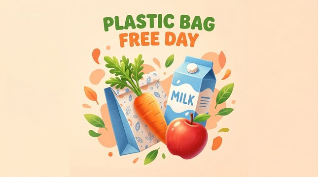 Plastic Bag Free Day concept illustration, eco-friendly grocery shopping with paper bag and fresh produce, sustainable lifestyle and zero waste campaign