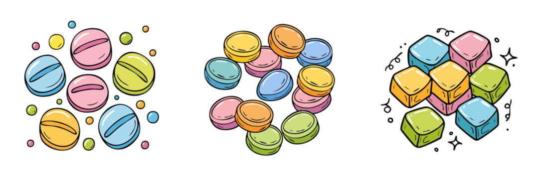 Assorted candy collection featuring round and square sweets in pastel colors