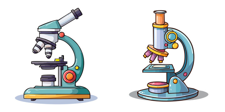 Illustration set of two cartoon microscopes in teal and blue colors on a white background