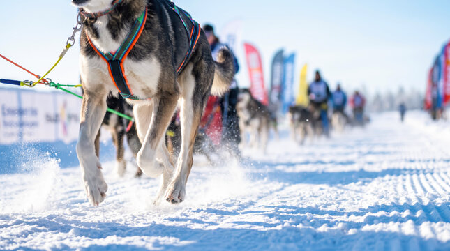Sled dogs pull a team down a snowy track during a race. Spectators watch from the sides as the dogs run quickly in the cold air. The sun is shining, and the snow is fresh