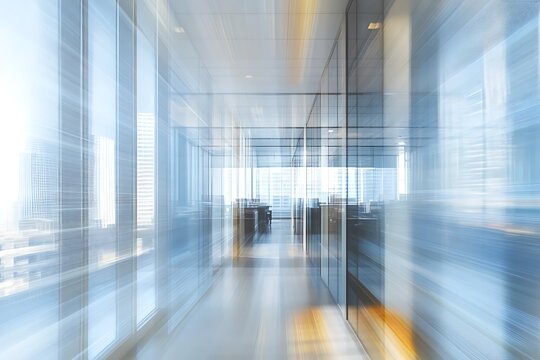 Modern office corridor with glass walls and motion blur effect