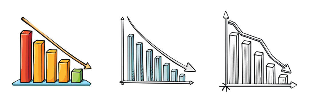 Set of three bar chart icons representing financial decline and downward trends
