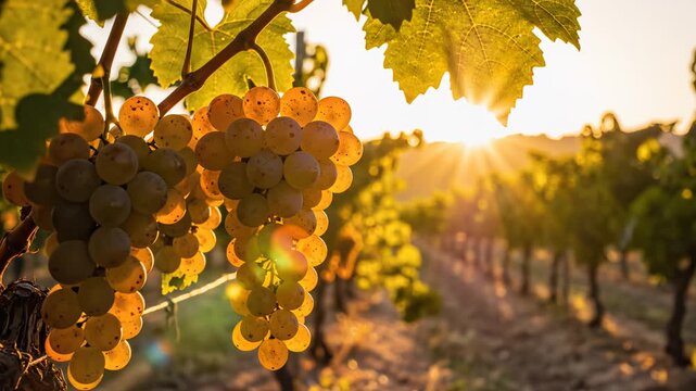 Golden Hour in a Vineyard: Ripe White Grapes at Sunset with Sun Flare and Row Perspective