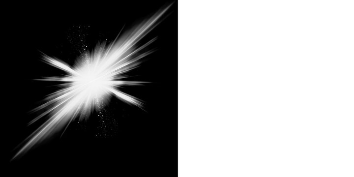 Bright white starburst light flare with radiant rays and sparkling dust particles isolated on a transparent background