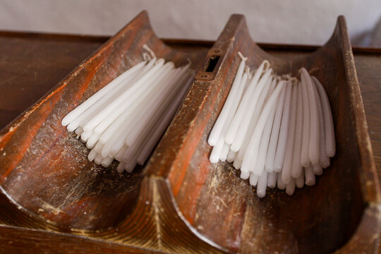 White Church Candles in Antique Wooden Holders