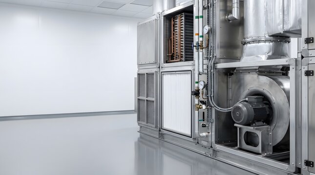 industrial cleanroom air handling and filtration system installed inside controlled manufacturing environment with copy space for pharmaceutical engineering communication
