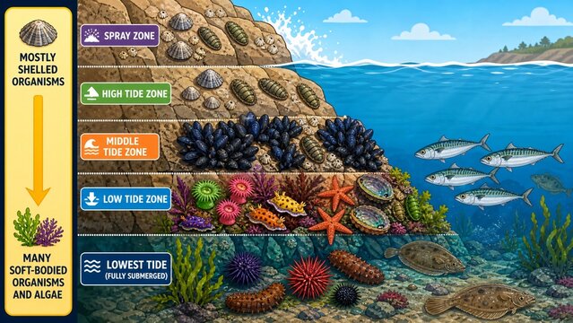 Intertidal Zone Diagram Illustrating Marine Life and Zonation on a Rocky Shore Ecosystem