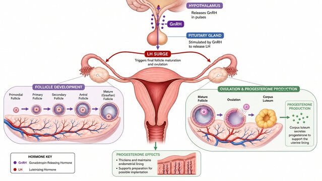 Ovarian Cycle Hormonal Regulation Showing Follicle Development Ovulation and Progesterone Production