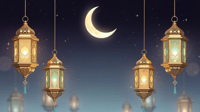 Beautiful glowing lanterns hanging under a crescent moon with sparkling stars in the night sky