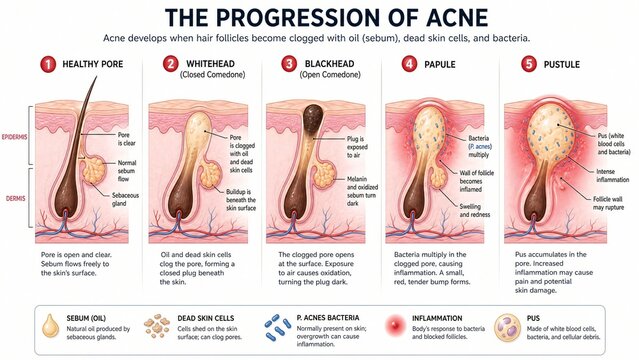 Acne Skin Progression Stages Medical Infographic Illustration Detailing Healthy Pore to Pustule Formation