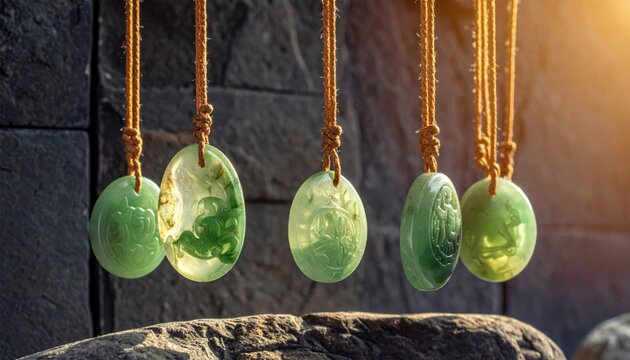 Intricately Carved Jadeite Pendants Artfully Displayed with Detailed Motifs and Natural Textures