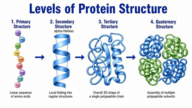 Protein Structure Levels Diagram Showing Primary Secondary Tertiary and Quaternary Arrangements for Educational Biology and Biochemistry