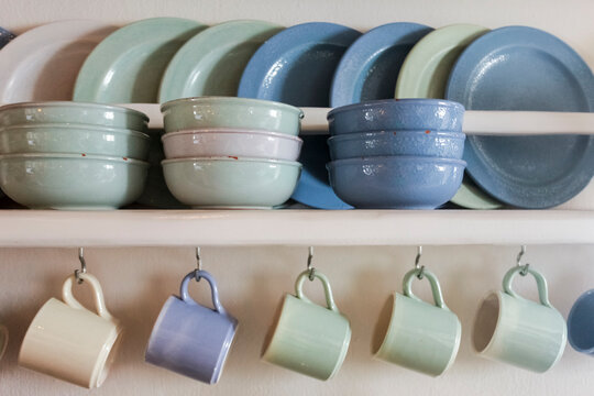 Pastel Ceramic Bowls in a Kitchen Display