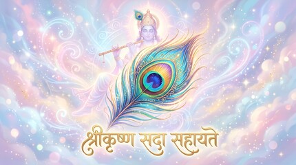 Fototapeta premium Radiant Peacock Feather Symbol with Divine Light for Krishna Janmashtami Spiritual Celebration