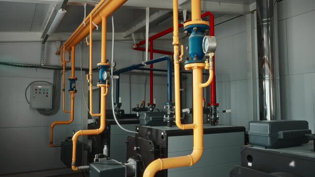 Modern gas boiler room interior showing yellow supply pipes, blue valve assemblies, gray boiler units, ceiling conduits, pressure gauges, and industrial service equipment in clean technical utility