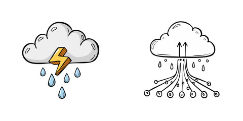 Obraz premium Cloud with lightning and rain illustration next to cloud data transfer illustration