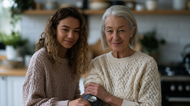 An intergenerational moment of a grandchild adjusting a blood pressure cuff on an elder's arm at home, bright kitchen background, warmth and care evident, perfect for family
