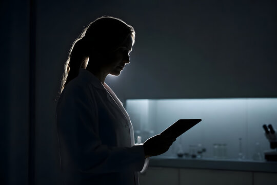 Scientist in Dramatic Chiaroscuro Lighting Examining Tablet in D