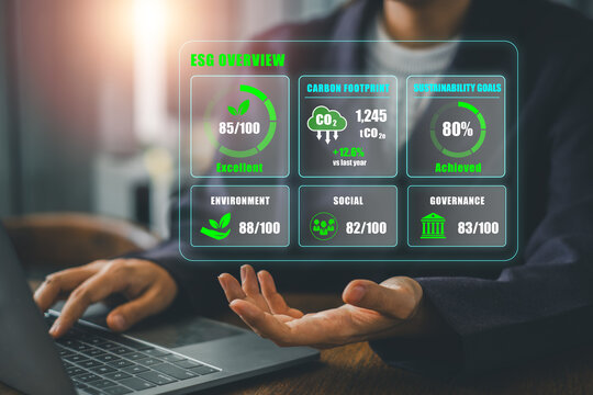 Visual representation of ESG performance tracking with digital interface highlighting environmental, social, and governance metrics.